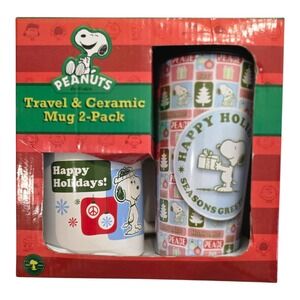 New Peanuts Snoopy Travel And Ceramic Mug 2-pk Christmas